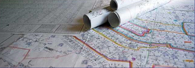 Engineering plans and rolled drawings used for AutoCAD project design