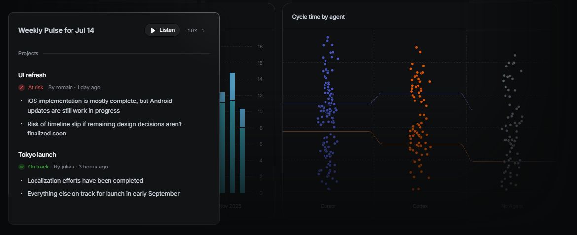 Dark software dashboard with project and performance information