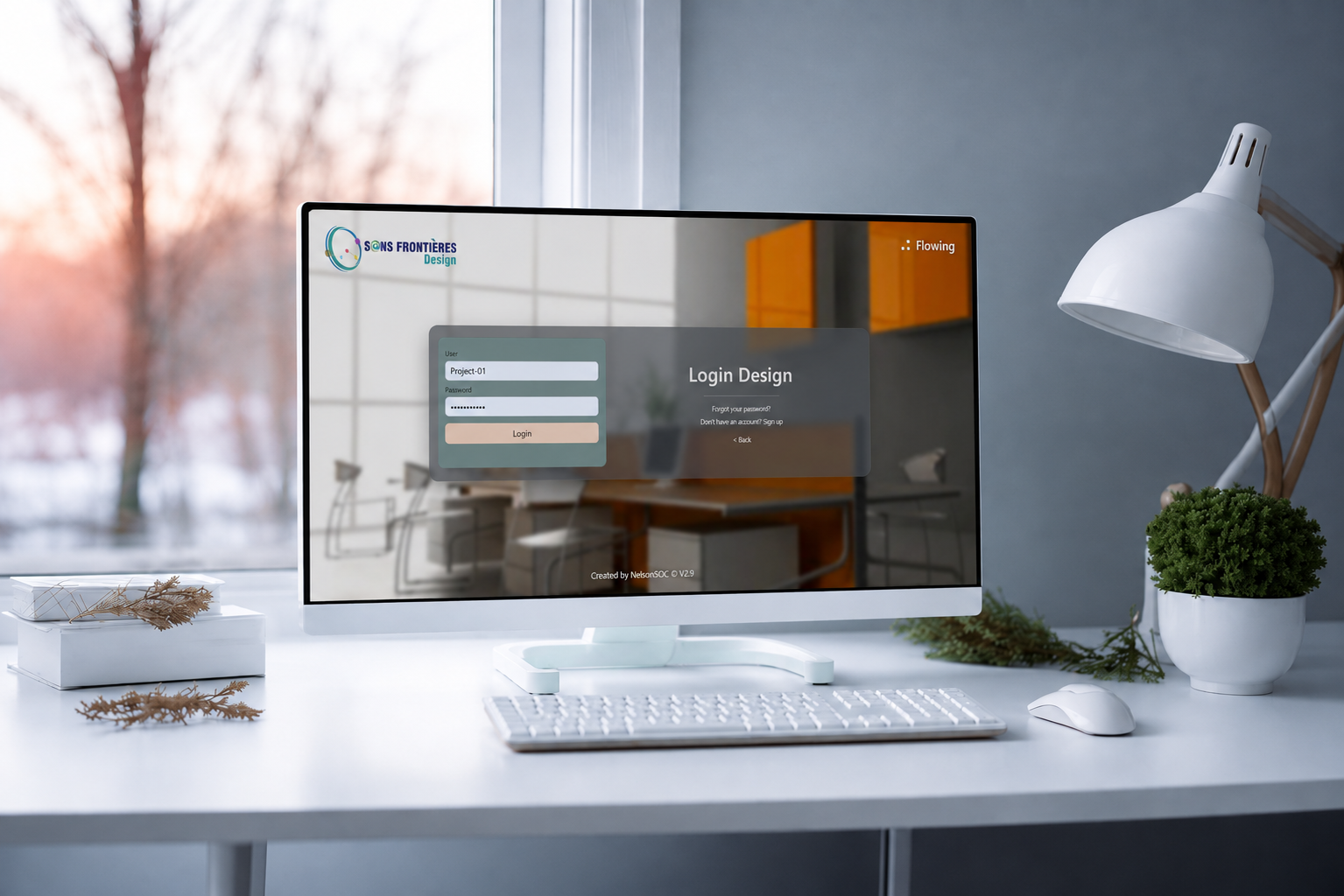 Desktop workspace showing the Sans Frontières Design login platform