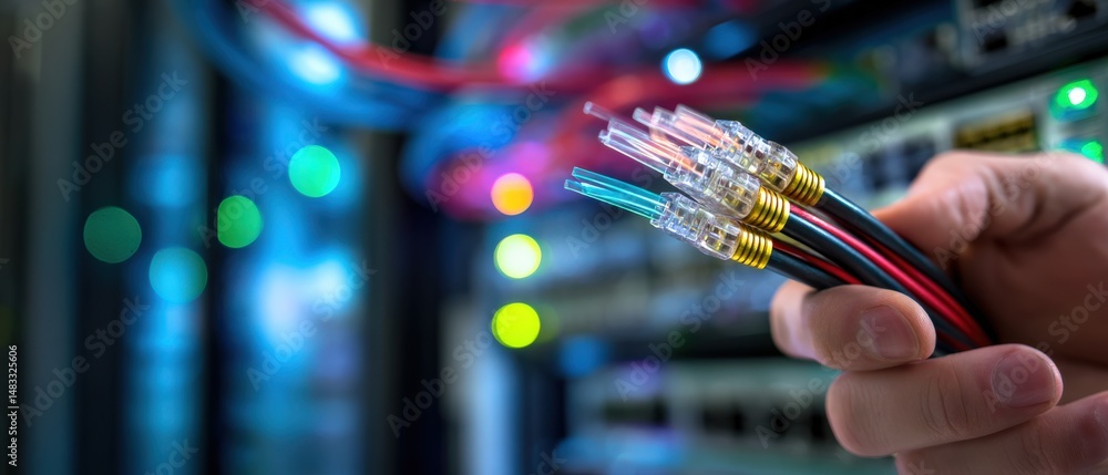Close-up of fiber optic connectors in hand